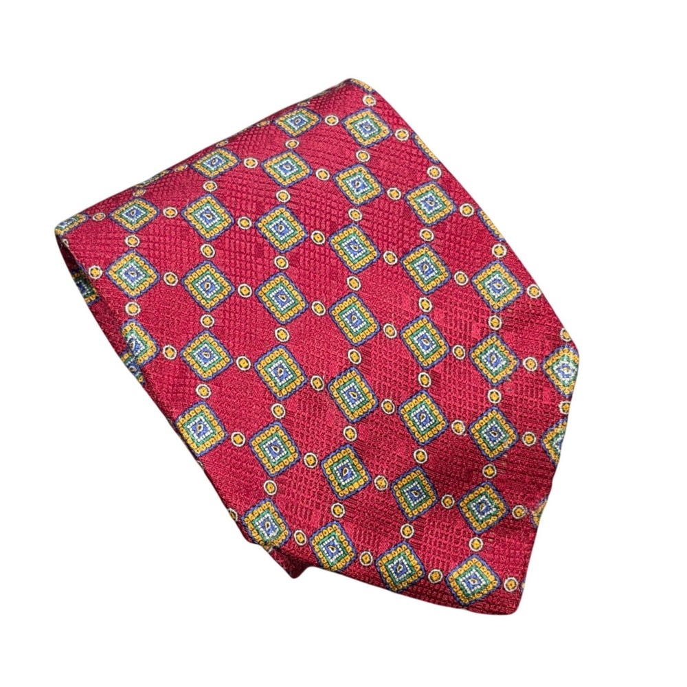 Meeting Street 100% Silk Tie Men's Red Geometric Square Medallion Made In Italy